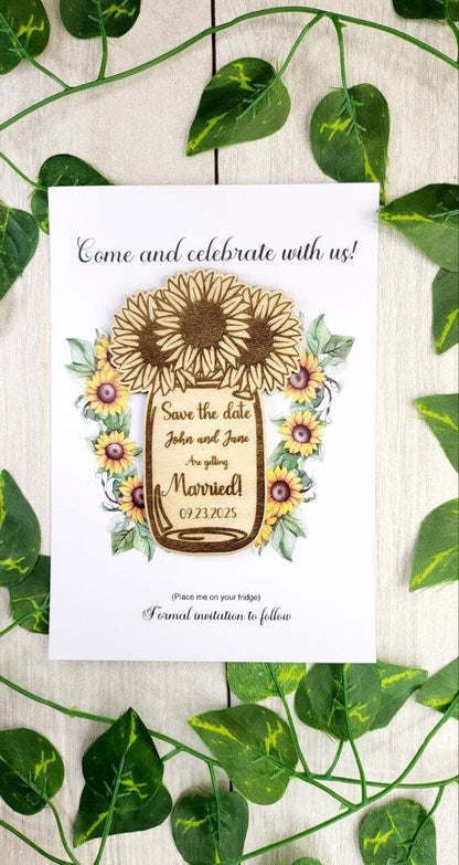 Sunflower Mason Jar Save the Date Magnet: Rustic Wood Wedding Favor