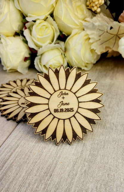Sunflower Wedding Favor Coaster – Rustic Guest Gift, Personalized Wood Coaster, Sunflower Save the Date, Country Wedding Decor