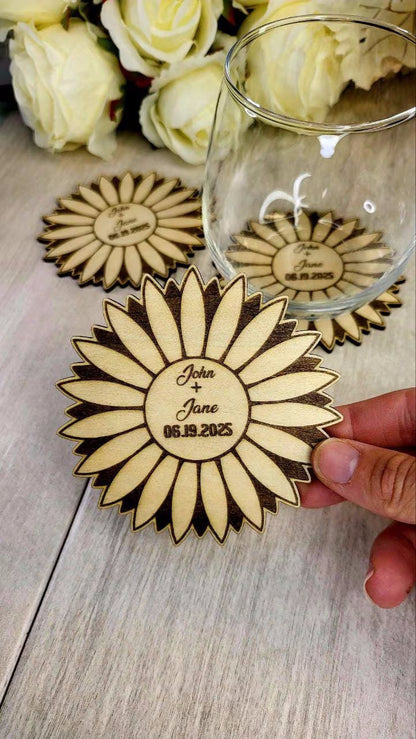 Sunflower Wedding Favor Coaster – Rustic Guest Gift, Personalized Wood Coaster, Sunflower Save the Date, Country Wedding Decor