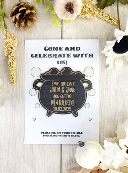 Cauldron Save the Date Magnet • Halloween Wedding Invitation • Spooky Fall Wedding • Black Wood Fridge Magnet • Gothic Wedding
