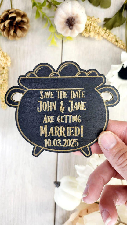 Cauldron Save the Date Magnet • Halloween Wedding Invitation • Spooky Fall Wedding • Black Wood Fridge Magnet • Gothic Wedding