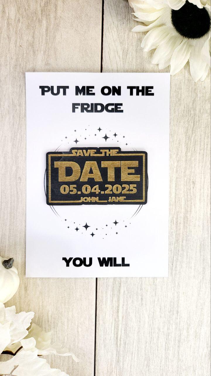 Nerdy Star inspired Save the Date Magnets | Personalized Wedding Announcement | Laser Engraved wooden magnet | Sci Fi Geek Invite