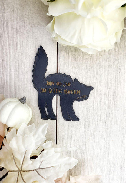 Spooky Black Cat Save The Date Magnets | Halloween Wedding Save the Date | Gothic Wedding Invitations Personalized Painted Wooden Magnet