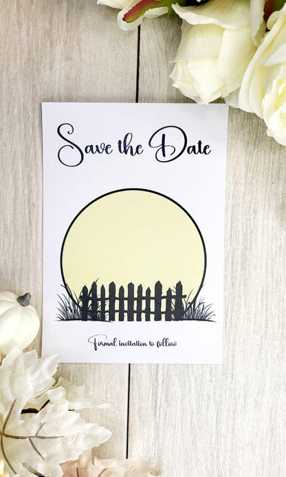 Spooky Black Cat Save The Date Magnets | Halloween Wedding Save the Date | Gothic Wedding Invitations Personalized Painted Wooden Magnet