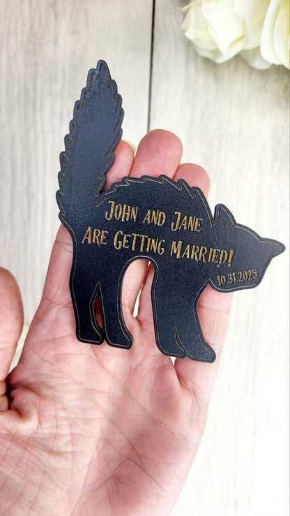 Spooky Black Cat Save The Date Magnets | Halloween Wedding Save the Date | Gothic Wedding Invitations Personalized Painted Wooden Magnet