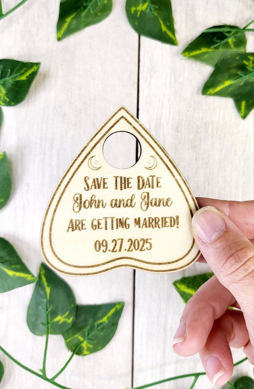 Ouija Planchette Save the Date Halloween Wedding Save The Date Magnets Gothic Wedding Invitations Custom Wood Magnet and Card