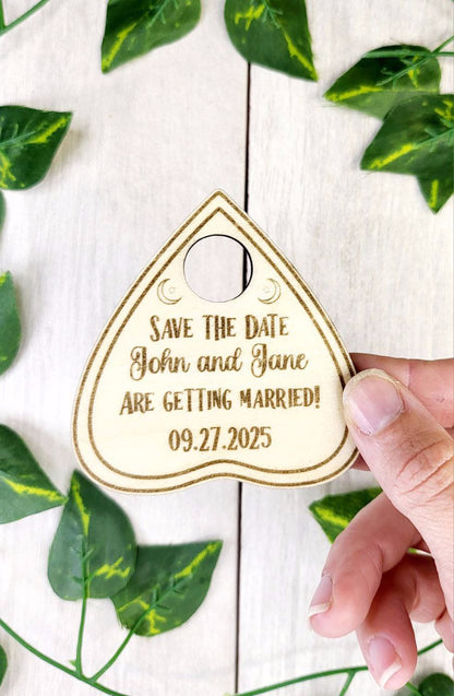 Ouija Planchette Save the Date Magnet • Gothic Halloween Wedding Invitation • Custom Wooden Magnet with Card