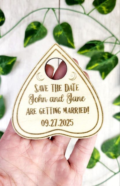 Ouija Planchette Save the Date Magnet • Gothic Halloween Wedding Invitation • Custom Wooden Magnet with Card