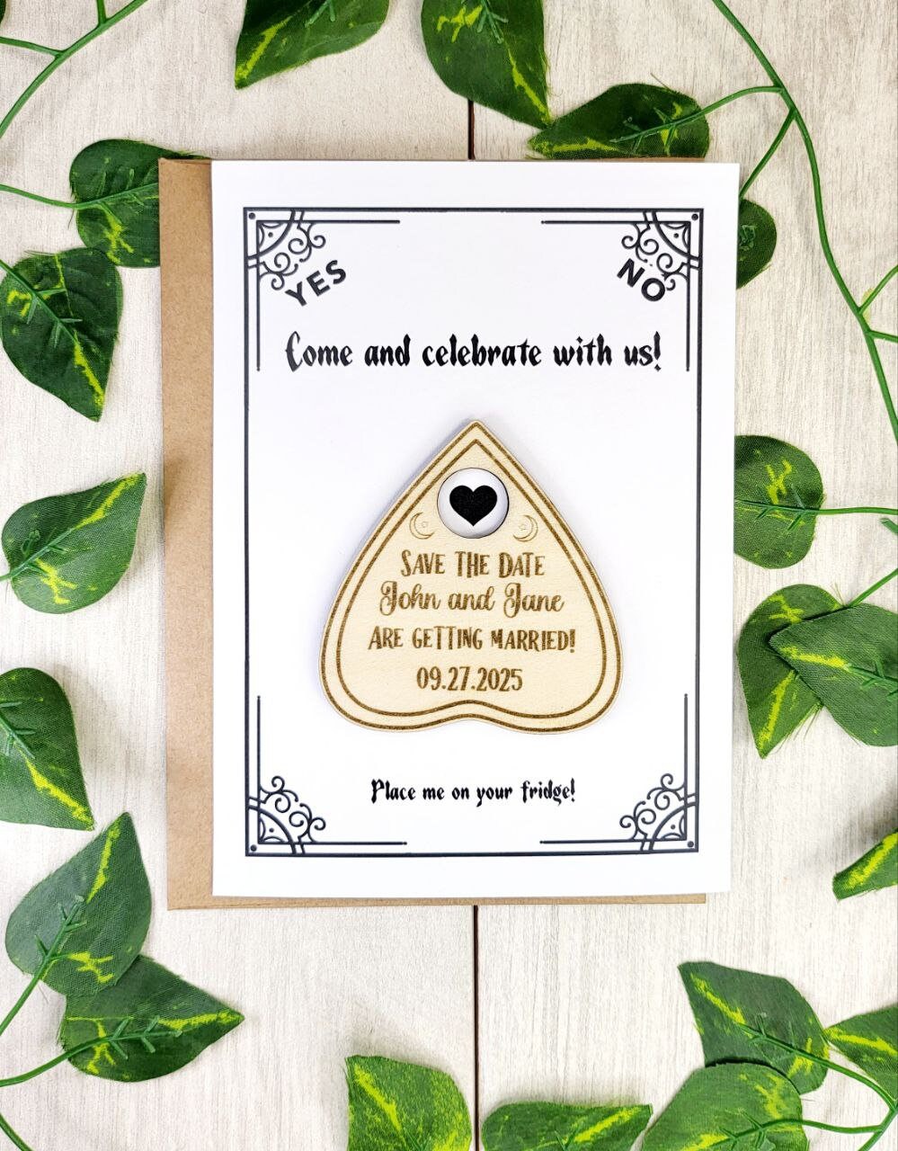 Ouija Planchette Save the Date Halloween Wedding Save The Date Magnets Gothic Wedding Invitations Custom Wood Magnet and Card