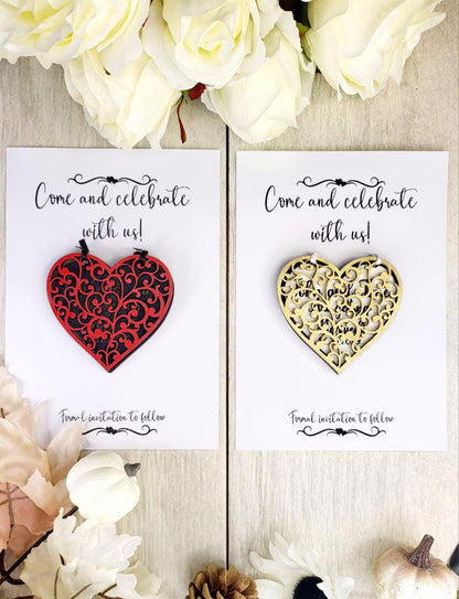 Gold Heart Save the Date Magnet • Elegant Wedding Announcement • Custom Wooden Flip Magnet with Personalized Text