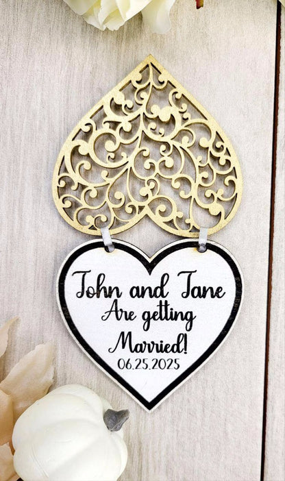 Gold Heart Save the Date Magnet • Elegant Wedding Announcement • Custom Wooden Flip Magnet with Personalized Text
