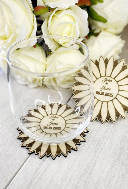 Sunflower Wedding Favor Coaster – Rustic Guest Gift, Personalized Wood Coaster, Sunflower Save the Date, Country Wedding Decor