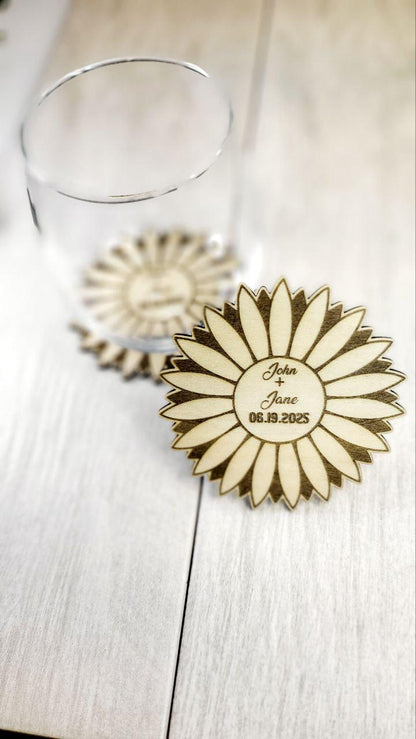 Sunflower Wedding Favor Coaster – Rustic Guest Gift, Personalized Wood Coaster, Sunflower Save the Date, Country Wedding Decor