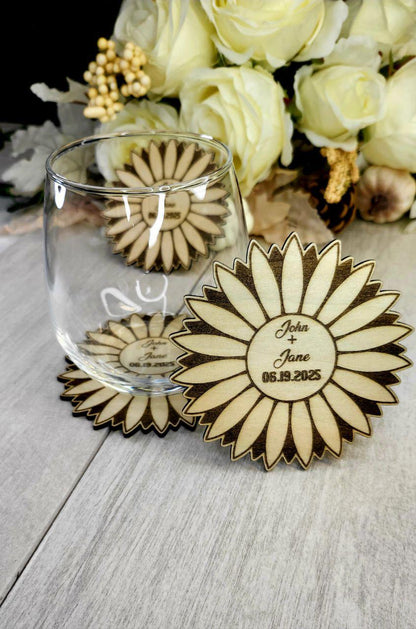 Sunflower Wedding Favor Coaster – Rustic Guest Gift, Personalized Wood Coaster, Sunflower Save the Date, Country Wedding Decor