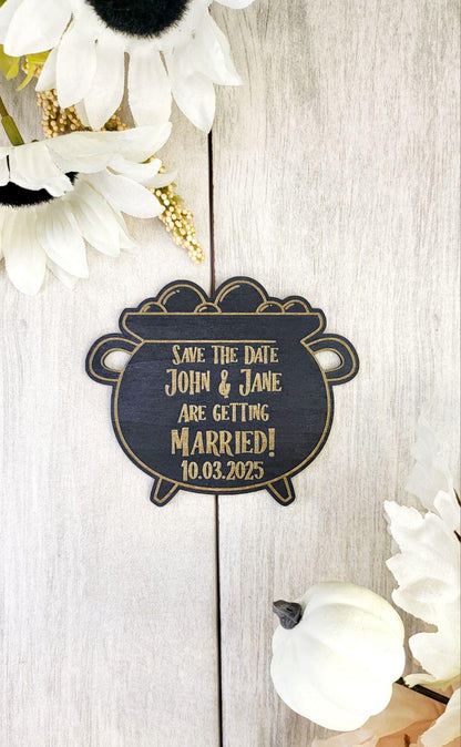 Cauldron Save the Date Magnet • Halloween Wedding Invitation • Spooky Fall Wedding • Black Wood Fridge Magnet • Gothic Wedding