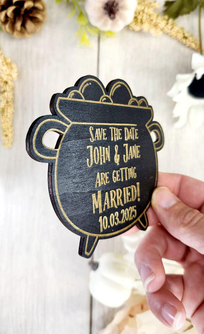 Cauldron Save the Date Magnet • Halloween Wedding Invitation • Spooky Fall Wedding • Black Wood Fridge Magnet • Gothic Wedding