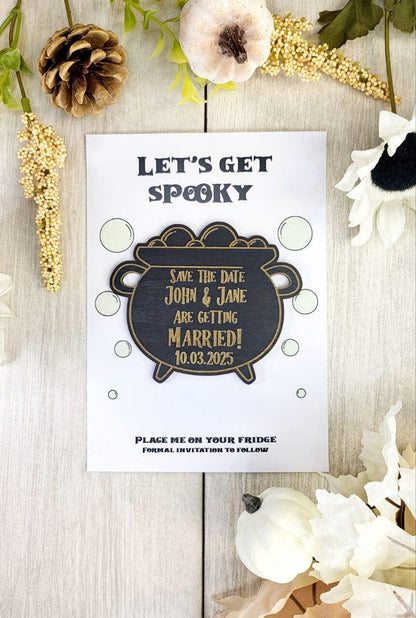 Cauldron Save the Date Magnet • Halloween Wedding Invitation • Spooky Fall Wedding • Black Wood Fridge Magnet • Gothic Wedding