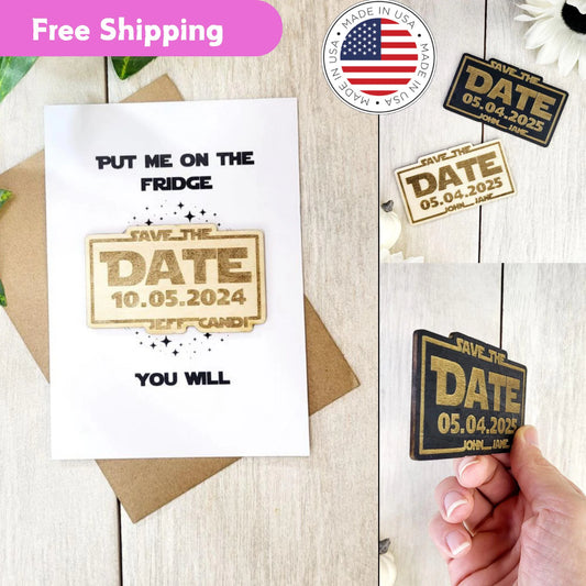 Nerdy Star inspired Save the Date Magnets | Personalized Wedding Announcement | Laser Engraved wooden magnet | Sci Fi Geek Invite