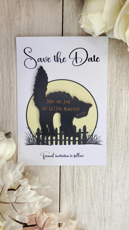 Spooky Black Cat Save The Date Magnets | Halloween Wedding Save the Date | Gothic Wedding Invitations Personalized Painted Wooden Magnet