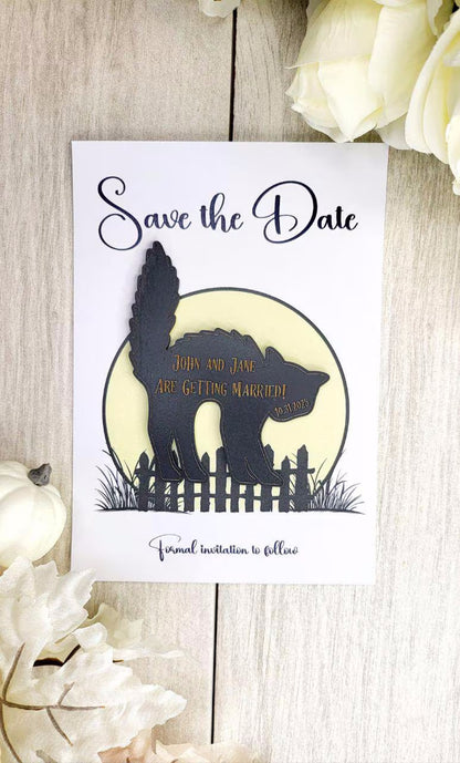 Spooky Black Cat Save The Date Magnets | Halloween Wedding Save the Date | Gothic Wedding Invitations Personalized Painted Wooden Magnet
