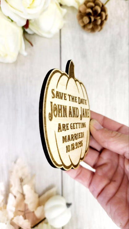 Pumpkin Save the Date Magnet • Halloween Wedding Invitation • Fall Wedding Favor • Custom Wooden Magnet for Spooky Couples