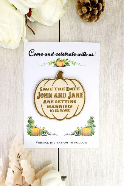 Pumpkin Save the Date Magnet • Halloween Wedding Invitation • Fall Wedding Favor • Custom Wooden Magnet for Spooky Couples
