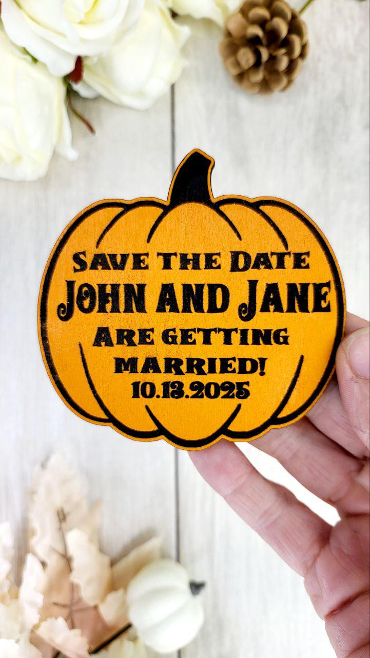 Pumpkin Save The Date Magnets Halloween Wedding Save the Date Spooky Wedding Invitations Custom Wood Magnet