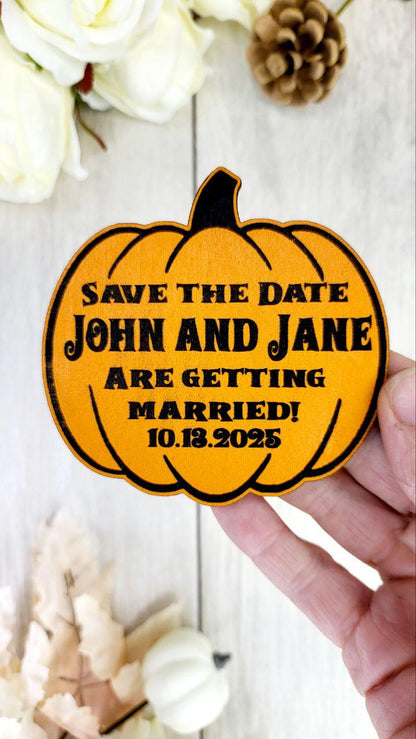 Pumpkin Save the Date Magnet • Halloween Wedding Invitation • Fall Wedding Favor • Custom Wooden Magnet for Spooky Couples