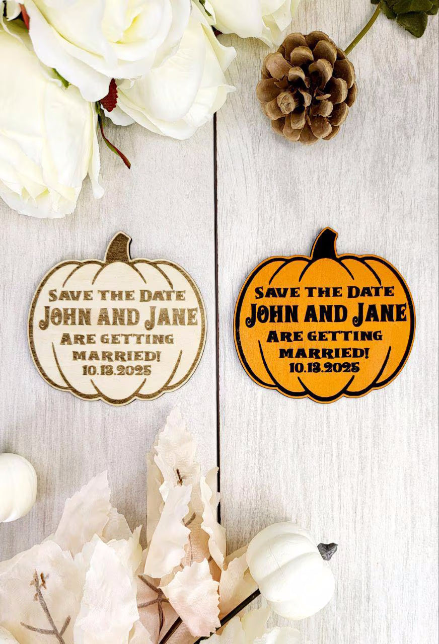 Pumpkin Save The Date Magnets Halloween Wedding Save the Date Spooky Wedding Invitations Custom Wood Magnet