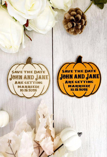 Pumpkin Save the Date Magnet • Halloween Wedding Invitation • Fall Wedding Favor • Custom Wooden Magnet for Spooky Couples