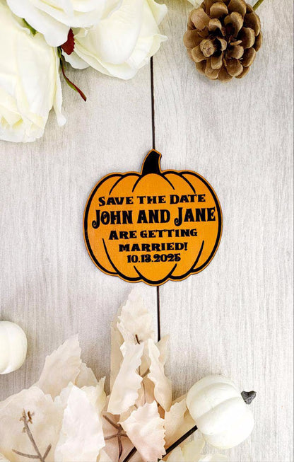 Pumpkin Save the Date Magnet • Halloween Wedding Invitation • Fall Wedding Favor • Custom Wooden Magnet for Spooky Couples