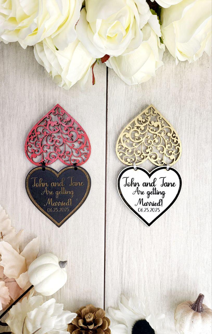 Elegant Wedding Save The Date Magnets, Red Heart Save the Date Elegant Wedding Invitations Custom Wooden Magnet