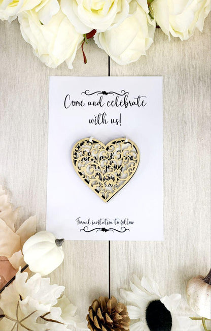 Gold Heart Save the Date Magnet • Elegant Wedding Announcement • Custom Wooden Flip Magnet with Personalized Text
