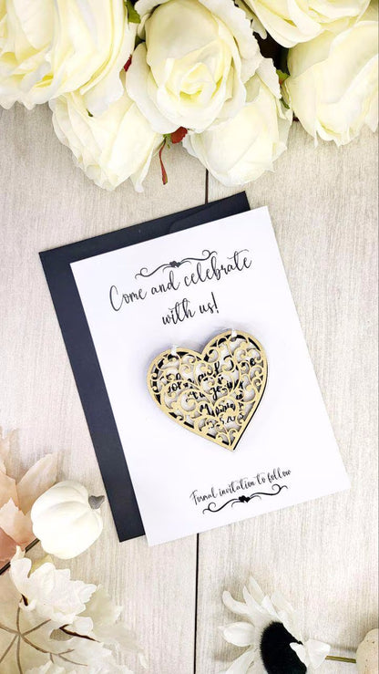 Gold Heart Save the Date Magnet • Elegant Wedding Announcement • Custom Wooden Flip Magnet with Personalized Text