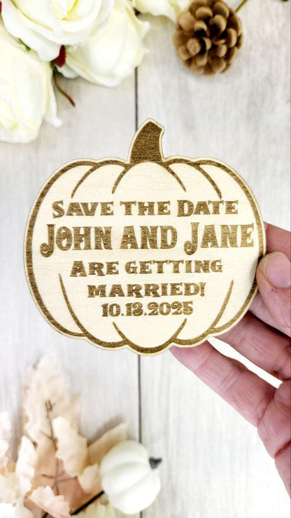 Pumpkin Save the Date Magnet • Halloween Wedding Invitation • Fall Wedding Favor • Custom Wooden Magnet for Spooky Couples