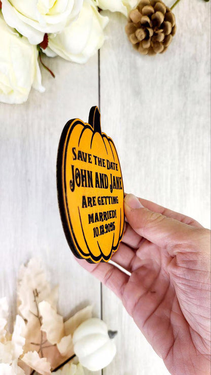 Pumpkin Save the Date Magnet • Halloween Wedding Invitation • Fall Wedding Favor • Custom Wooden Magnet for Spooky Couples