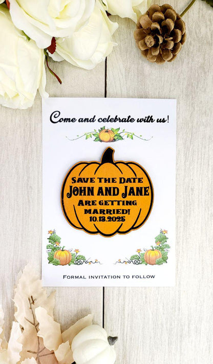 Pumpkin Save the Date Magnet • Halloween Wedding Invitation • Fall Wedding Favor • Custom Wooden Magnet for Spooky Couples