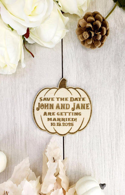 Pumpkin Save the Date Magnet • Halloween Wedding Invitation • Fall Wedding Favor • Custom Wooden Magnet for Spooky Couples