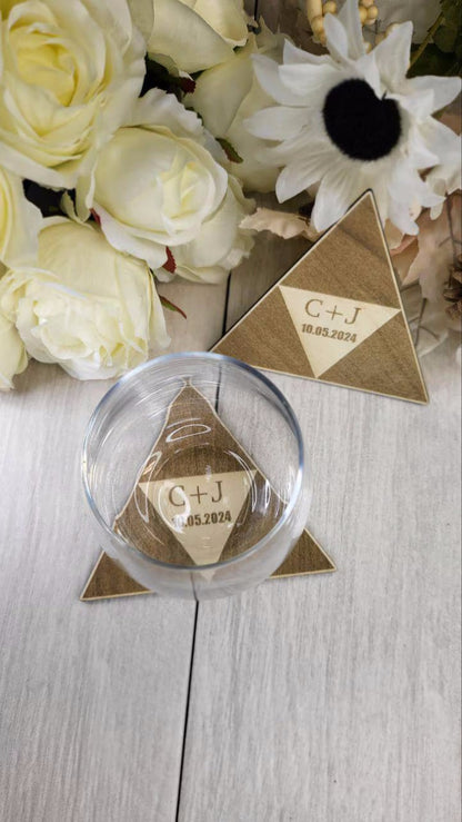 Triangle Wedding Favor Coaster • Nerdy Wedding Guest Gift Bulk • Personalized Triangle Wood Fantasy Favors