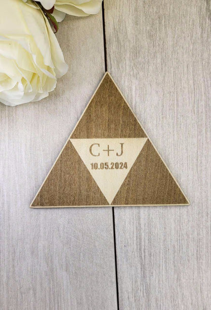 Triangle Wedding Favor Coaster • Nerdy Wedding Guest Gift Bulk • Personalized Triangle Wood Fantasy Favors