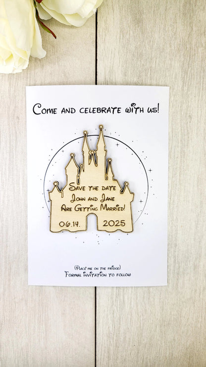 Castle Save the Date Magnet – Fantasy Wedding Invitation • Fairytale Wood Magnet • Whimsical Nerdy Wedding • Magical Kingdom Wood Magnet