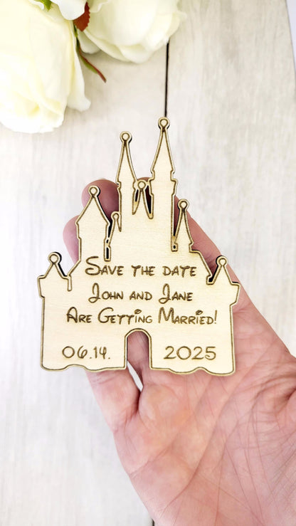 Castle Save the Date Magnet – Fantasy Wedding Invitation • Fairytale Wood Magnet • Whimsical Nerdy Wedding • Magical Kingdom Wood Magnet
