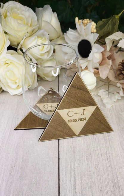 Triangle Wedding Favor Coaster • Nerdy Wedding Guest Gift Bulk • Personalized Triangle Wood Fantasy Favors