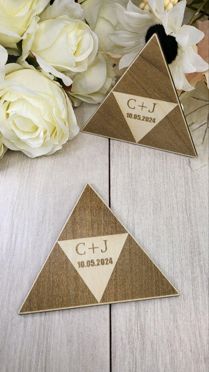 Triangle Wedding Favor Coaster • Nerdy Wedding Guest Gift Bulk • Personalized Triangle Wood Fantasy Favors