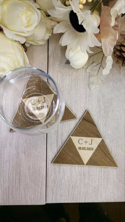 Triangle Wedding Favor Coaster • Nerdy Wedding Guest Gift Bulk • Personalized Triangle Wood Fantasy Favors