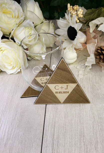 Triangle Wedding Favor Coaster • Nerdy Wedding Guest Gift Bulk • Personalized Triangle Wood Fantasy Favors