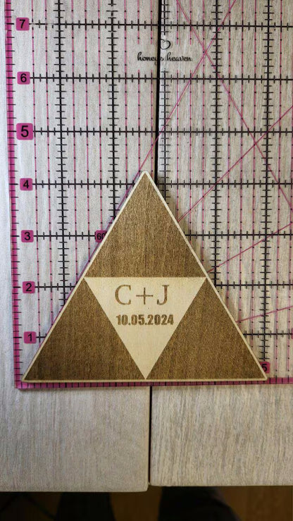 Triangle Wedding Favor Coaster • Nerdy Wedding Guest Gift Bulk • Personalized Triangle Wood Fantasy Favors