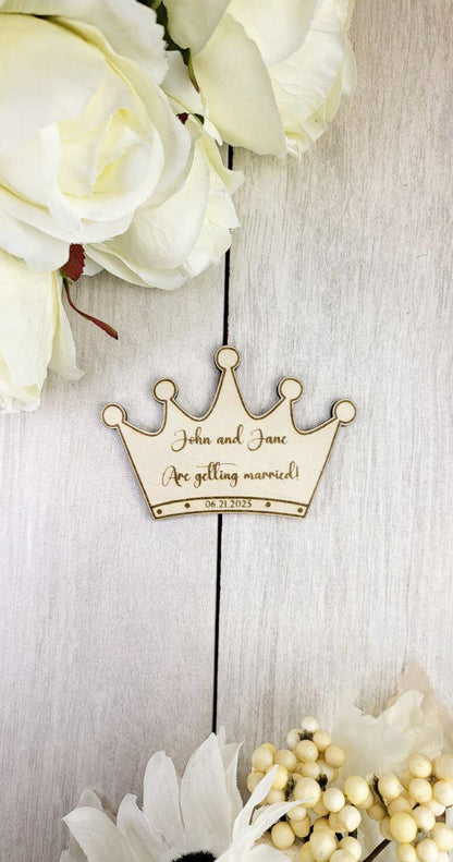Princess Save the Date Magnet • Fairy Tale Wedding Magnet • Royal Wedding Favors • Custom Wood Crown Magnet • Fantasy-Inspired Save the Date