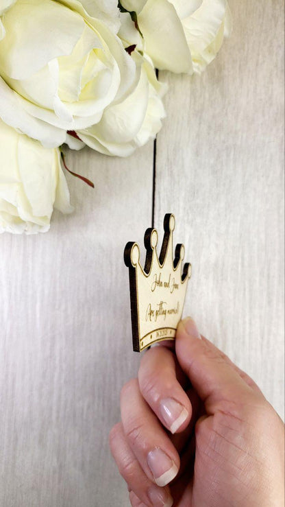 Princess Save the Date Magnet • Fairy Tale Wedding Magnet • Royal Wedding Favors • Custom Wood Crown Magnet • Fantasy-Inspired Save the Date