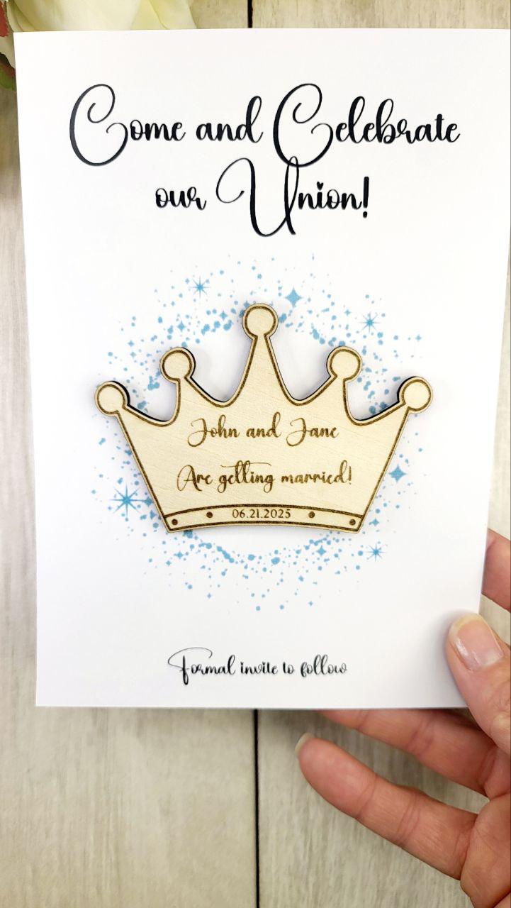 Princess Crown Wedding Save The Date Magnets Royal Themed Save the Date Magical Wedding Invitations Custom Wood Magnet